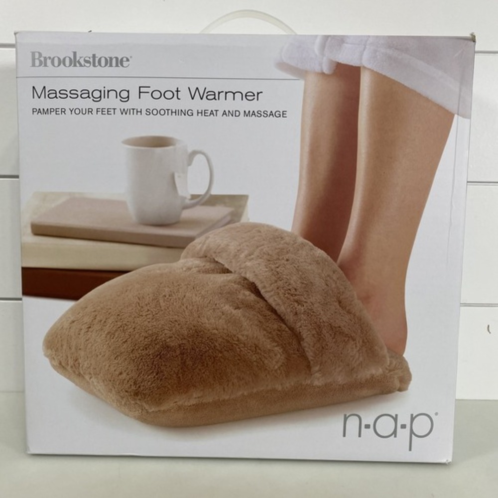Brookstone Massaging Foot Warmer Heated Plush n-a-p Brown Electric Cozy Comfort